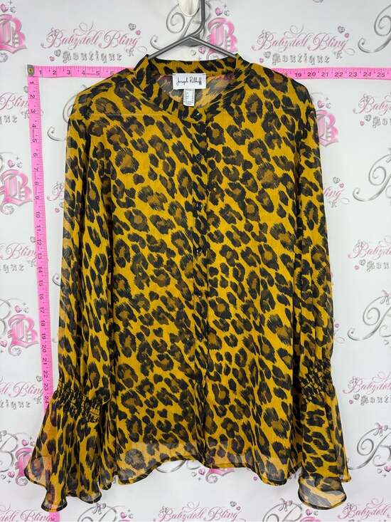 Joseph Ribkoff Tops - Joseph Ribkoff sparkly Yellow and Black Leopard Print Button-Front Blouse ruffle